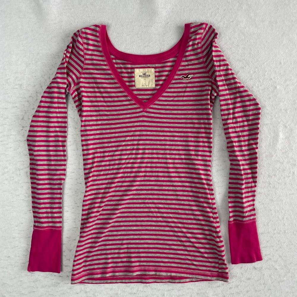 Hollister Long Sleeve Shirt Womens Large Pink Striped V-Neck Logo Cotton Knit
